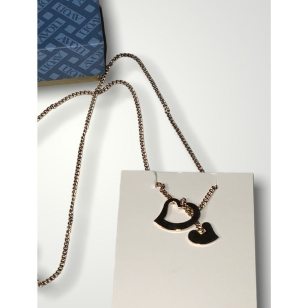 Avon Gold Heart With Dangling Heart 16” Necklace In Box